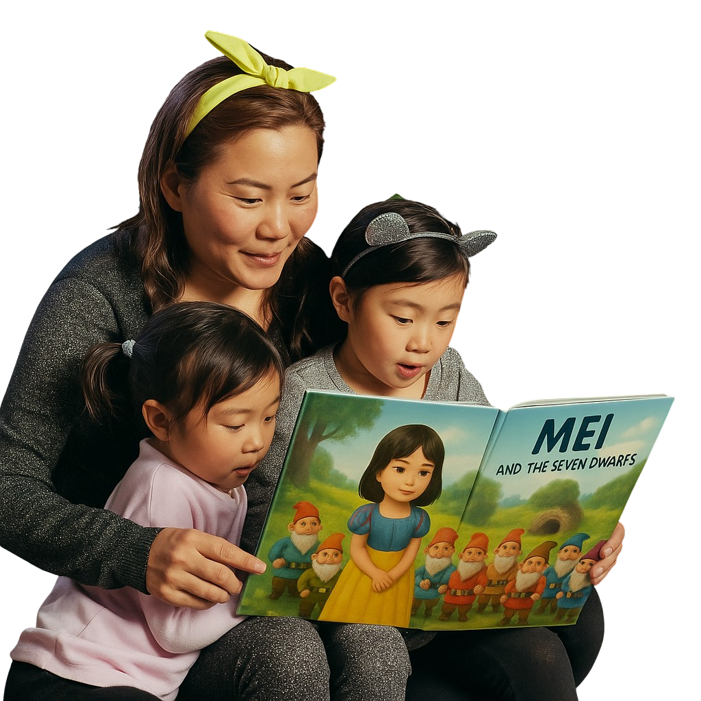 Family reading personalized storybook together