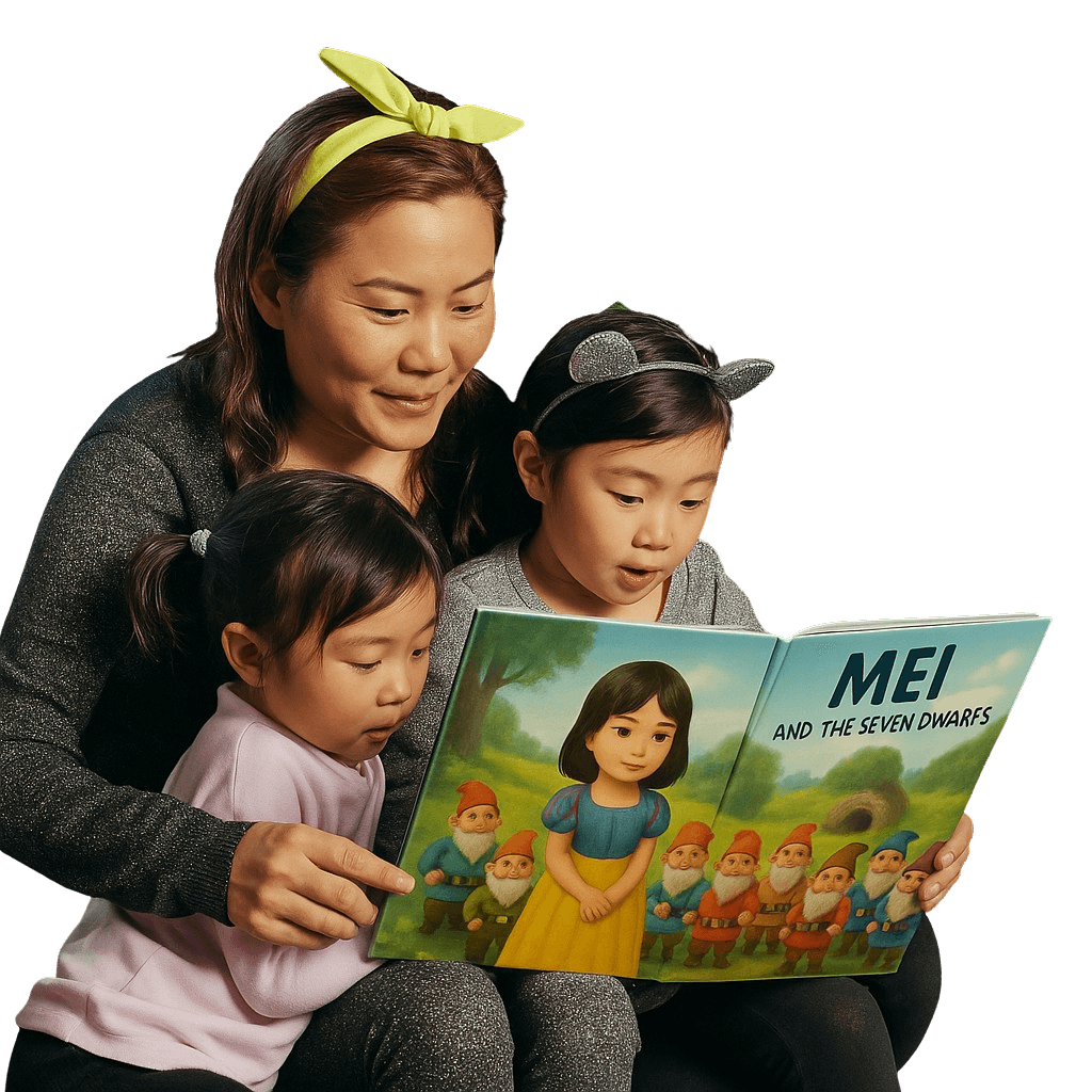 Family reading personalized storybook together
